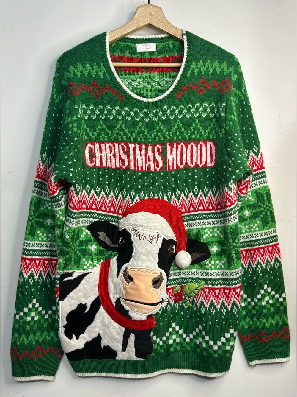Holiday Time Green Knit Cow Graphic "Christmas Moood" Sweater Mens Large (42-44)